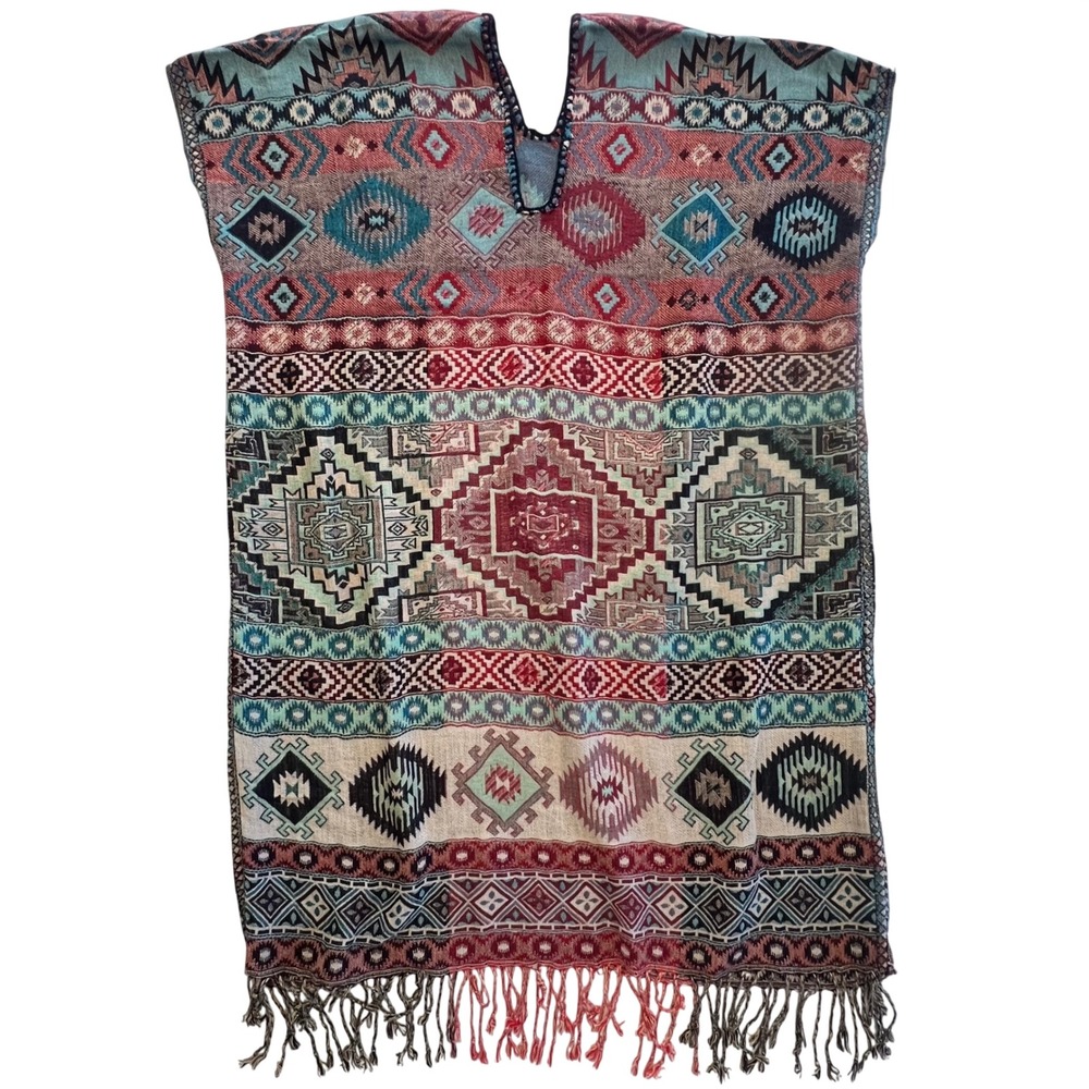Boho Aztec Geometric Tribal Print Fringed Kaftan Poncho Tunic Top Size M/L - Picture 1 of 8
